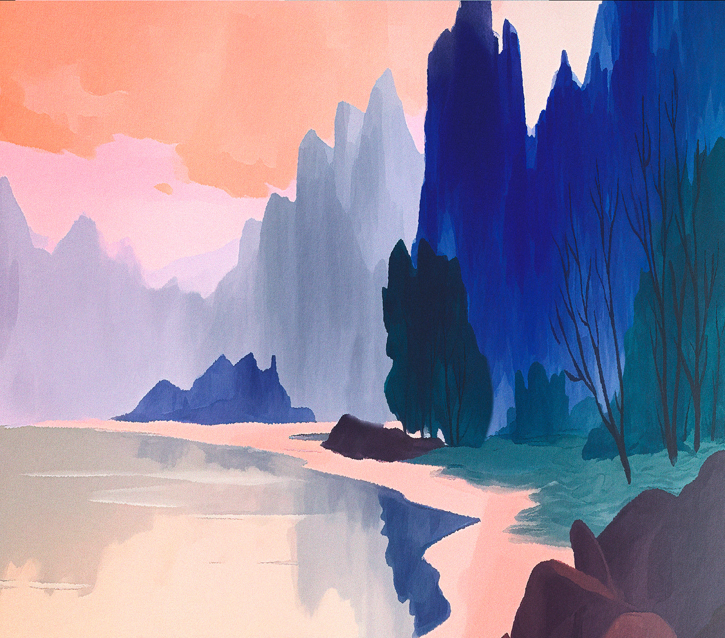 Sunset Mountain Silhouette River