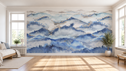 Blue Watercolor Mountain Wallcovering